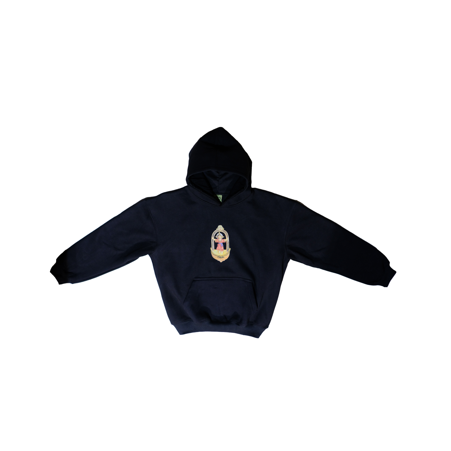 Whole frontside view of Saint Hoodie in black by Stay Low, Keep Firing.